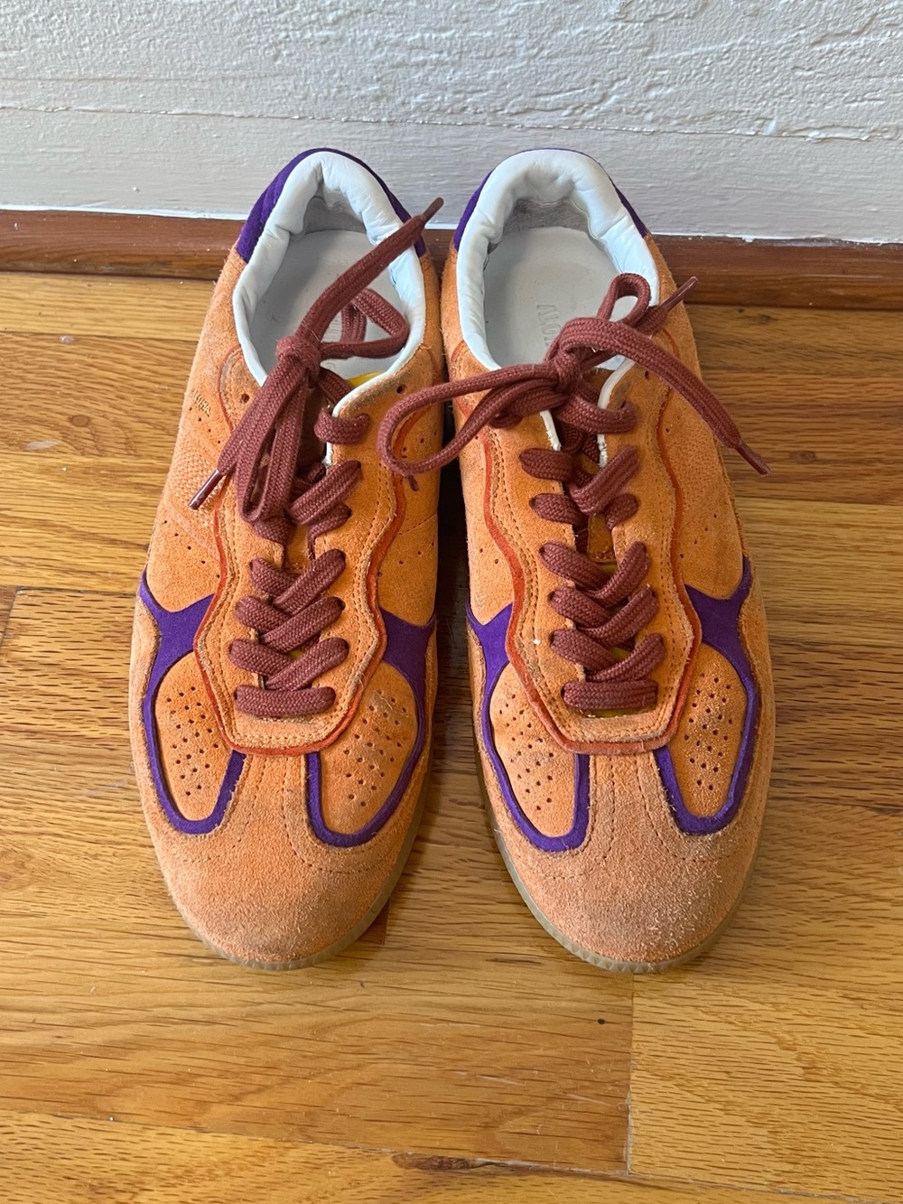 ALOHAS Orange Suede Sneakers with Purple Accents and Brown Laces